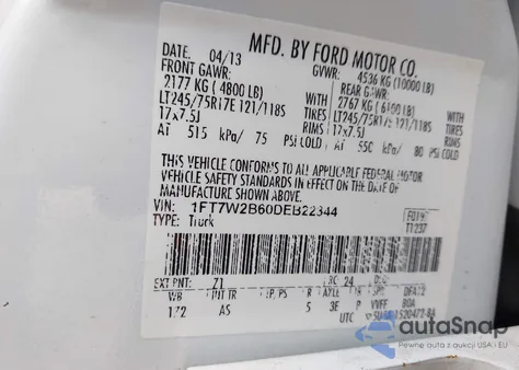 2013 Ford F-250 Xl from USA, damaged, VIN 1FT7W2B60DEB22344